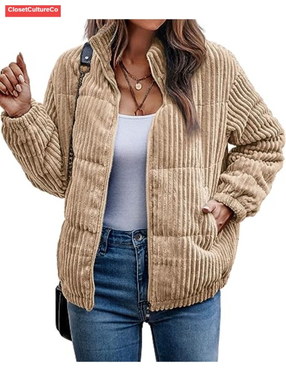 Quilted Corduroy Bomber Jacket Ribbed Zip Up Long Sleeve Winter Coat Pockets